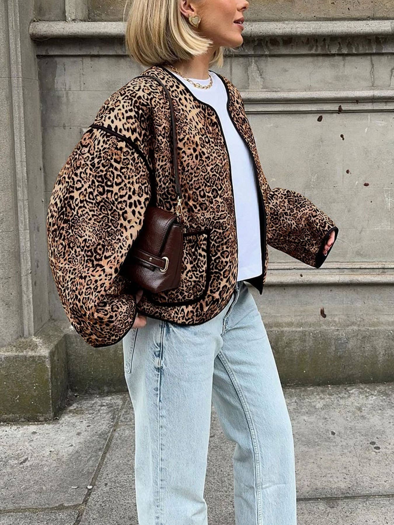 Vintage leopard print crew neck cropped cardigan jacket