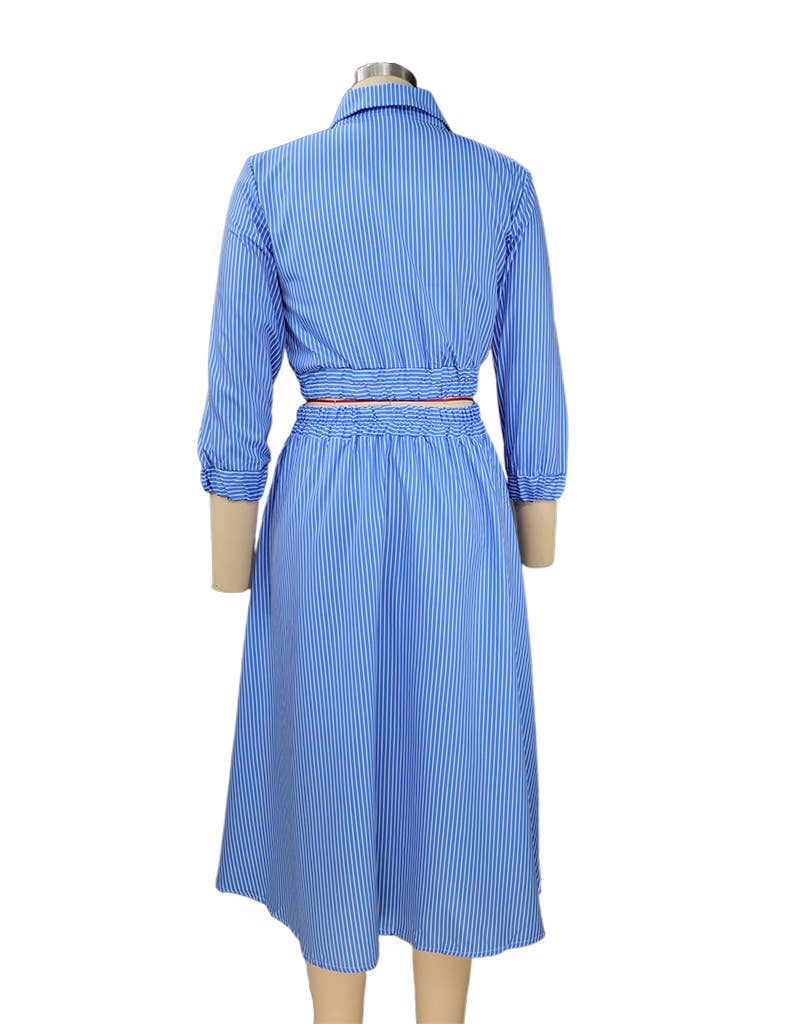 LONG SLEEVE STRIPED SHIRT SKIRT TWO-PIECE SET