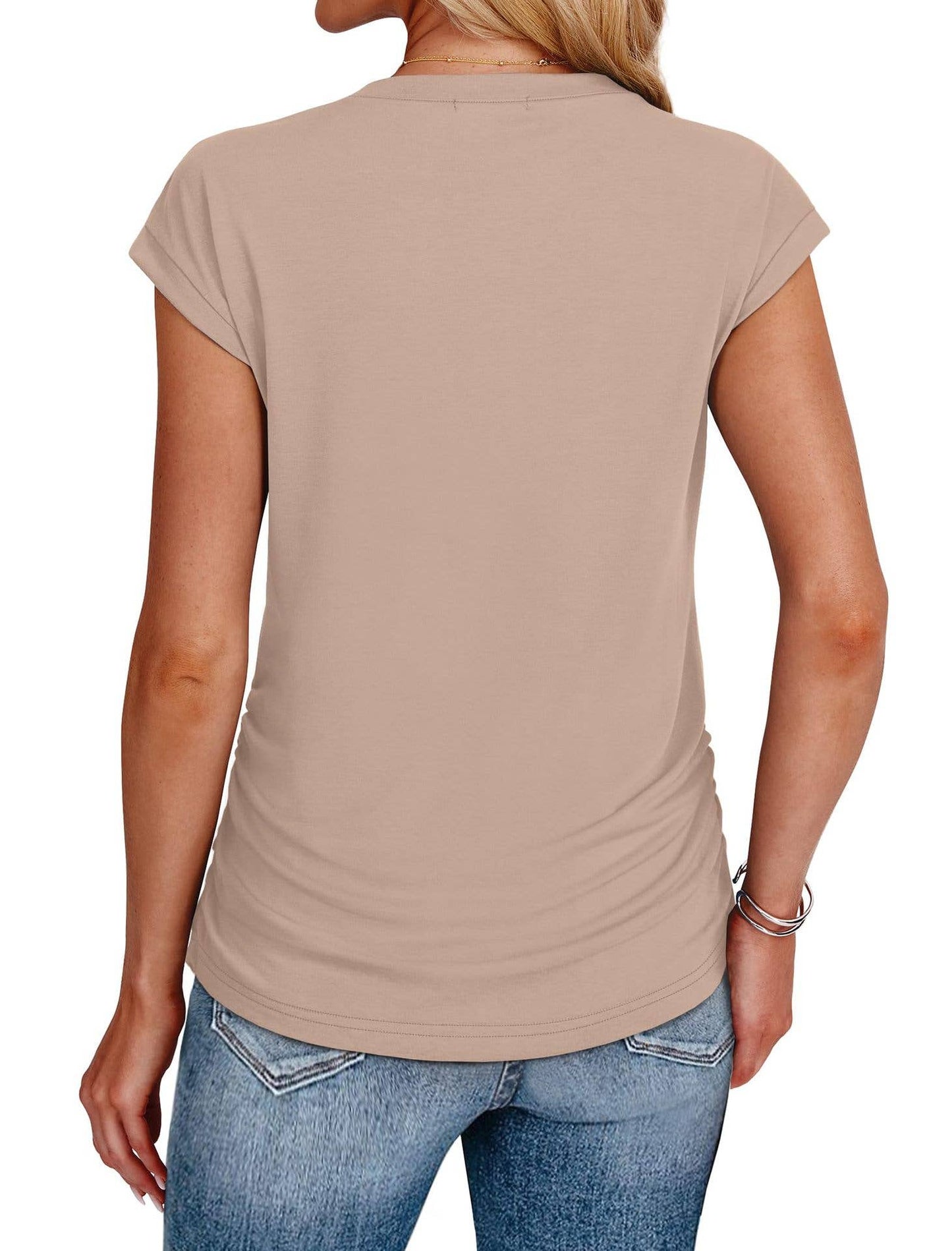 Solid color round neck waistline T-shirt