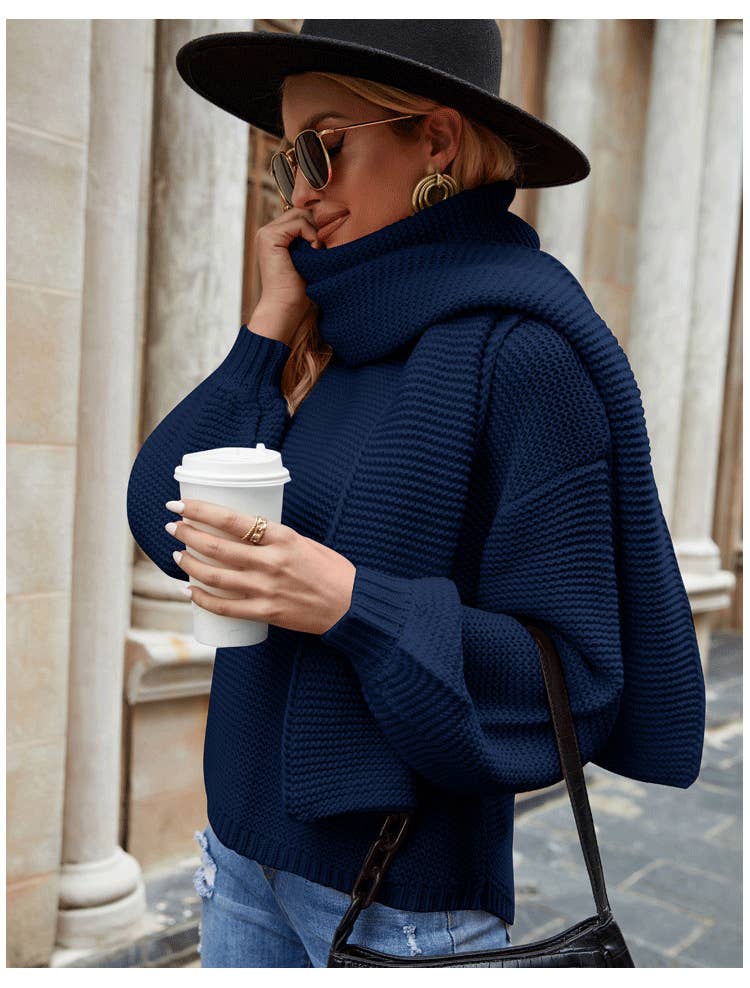 Slouchy crew neck pullover scarf sweater