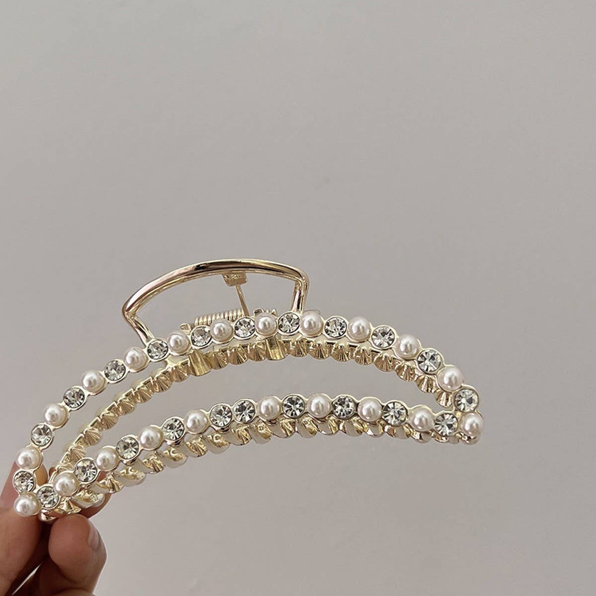 French Alloy Hair Claw, Pearl Rhinestone Decor_CWAHA0619