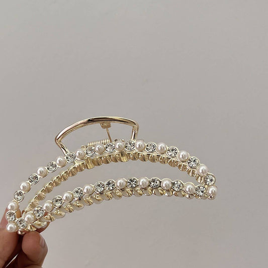 French Alloy Hair Claw, Pearl Rhinestone Decor_CWAHA0619