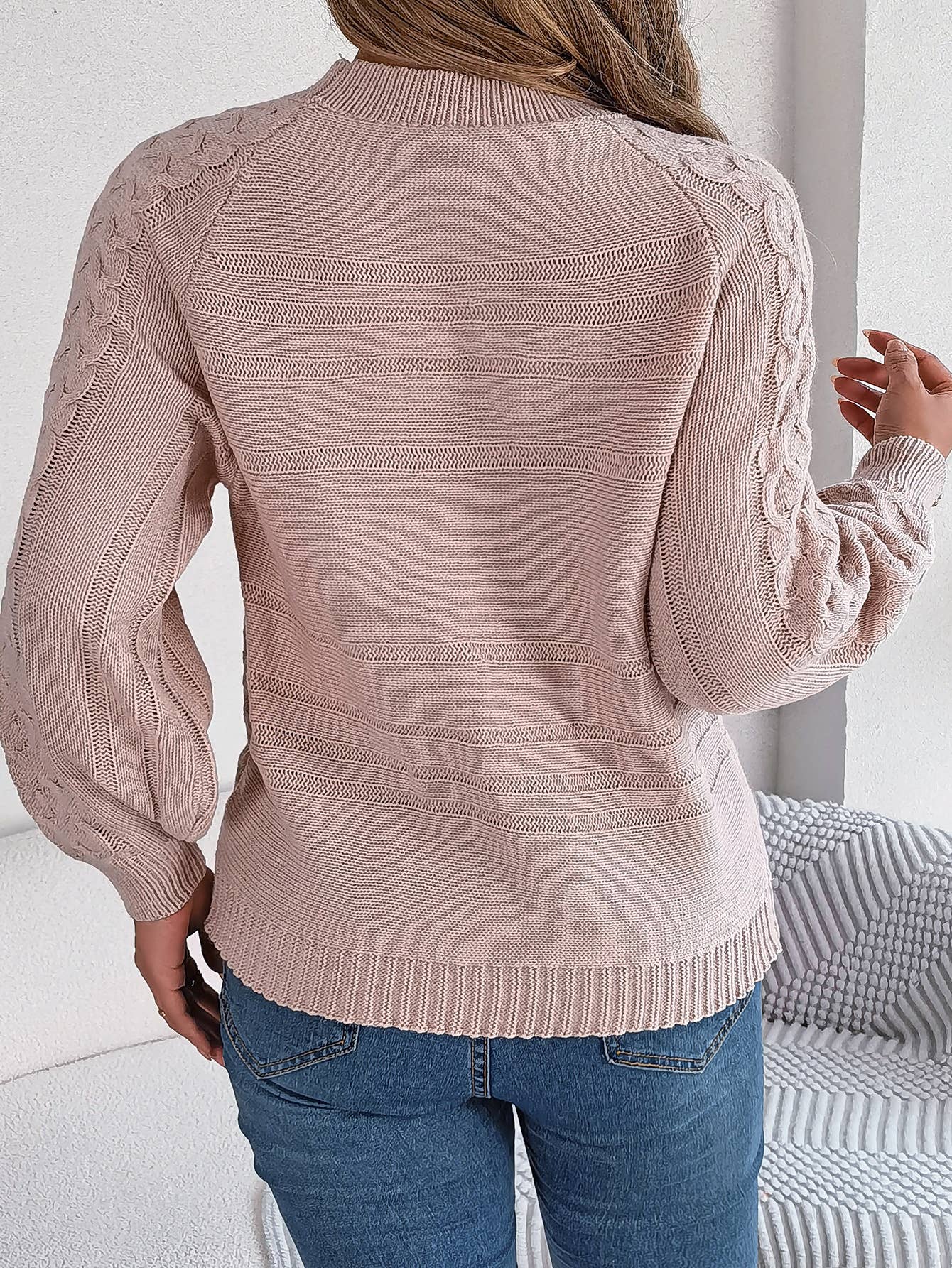 TWIST BUTTON LANTERN SLEEVE PULLOVER SWEATER