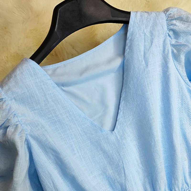 V-neck long cotton linen waist-cinching dress