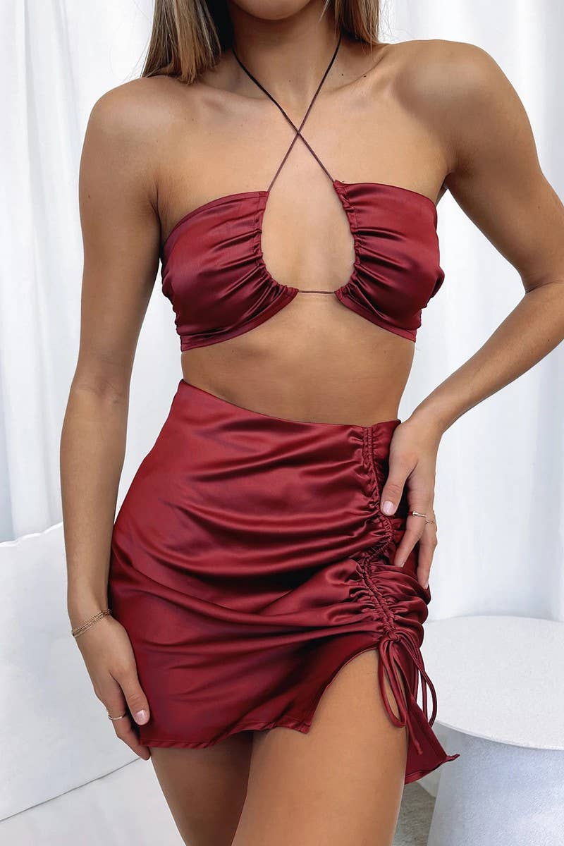 SOLID COLOR PLEATED HIP HIGH WAISTED SATIN SKIRT_CWBSS0149