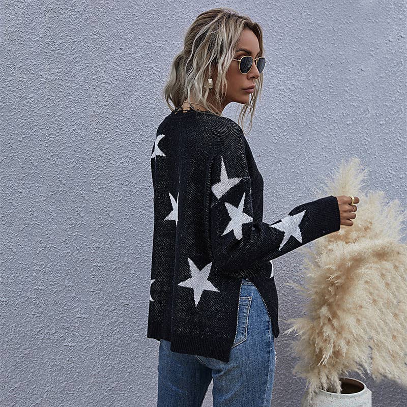 V-neck star jacquard fringed knitted sweater