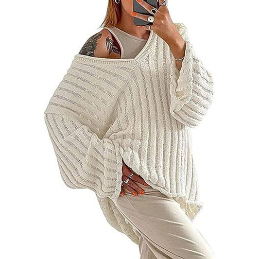 V-NECK SOLID COLOR PIT STRIPE THICK KNIT SWEATER