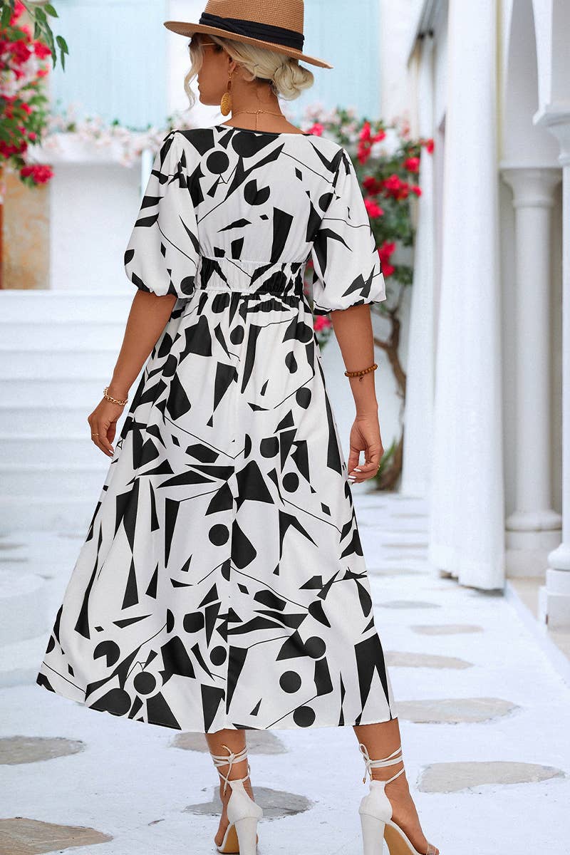 CWDTD0404_WOMEN'S V-NECK PUFF SLEEVE DRESS