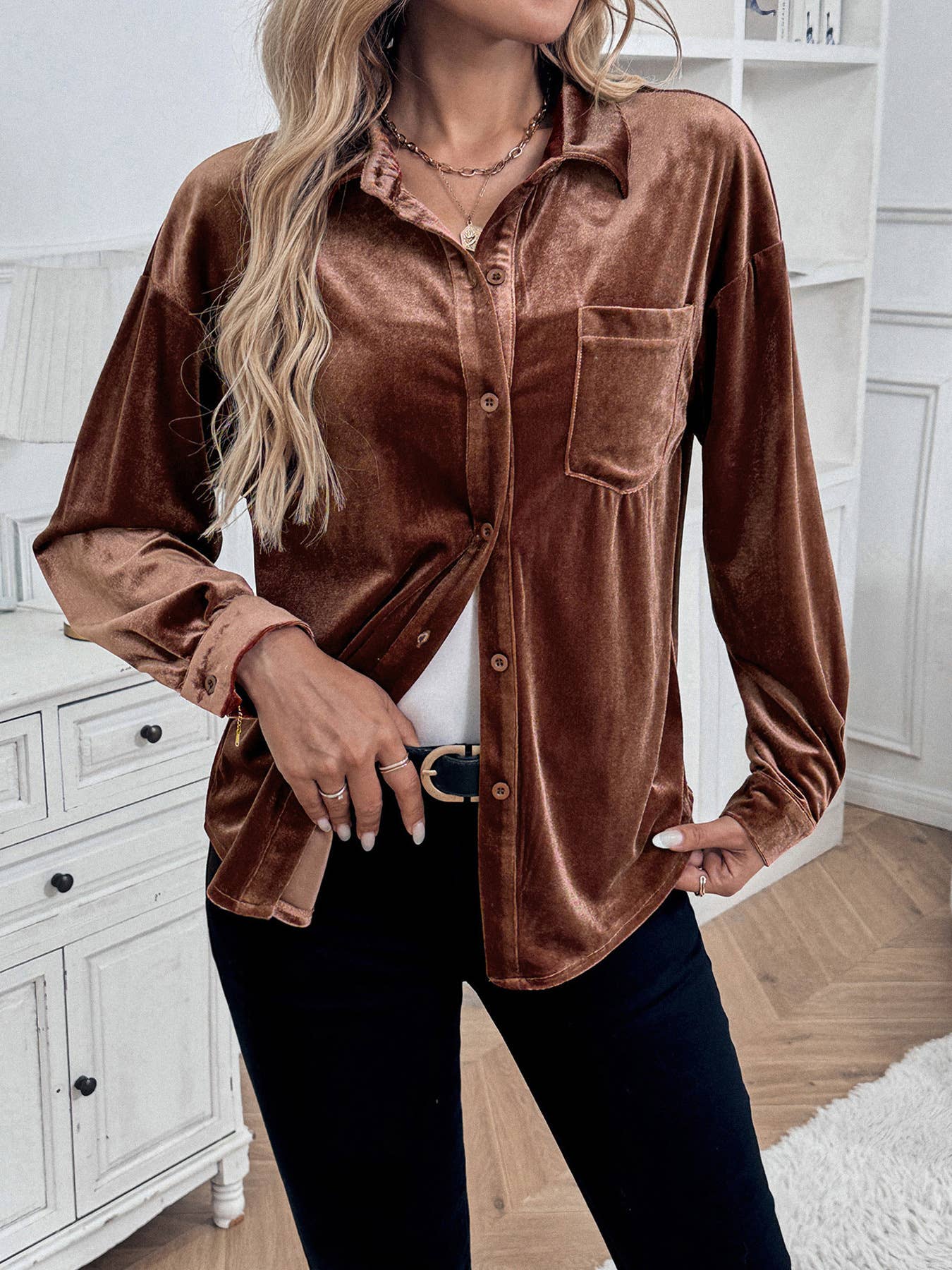 LONG SLEEVE LAPEL VELVET SINGLE-BREASTED SHIRT