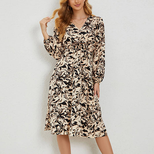 V-neck printed waistline casual long-sleeved dress
