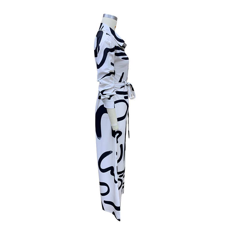 STYLISH CASUAL PRINT LAPEL BAGGY JUMPSUIT