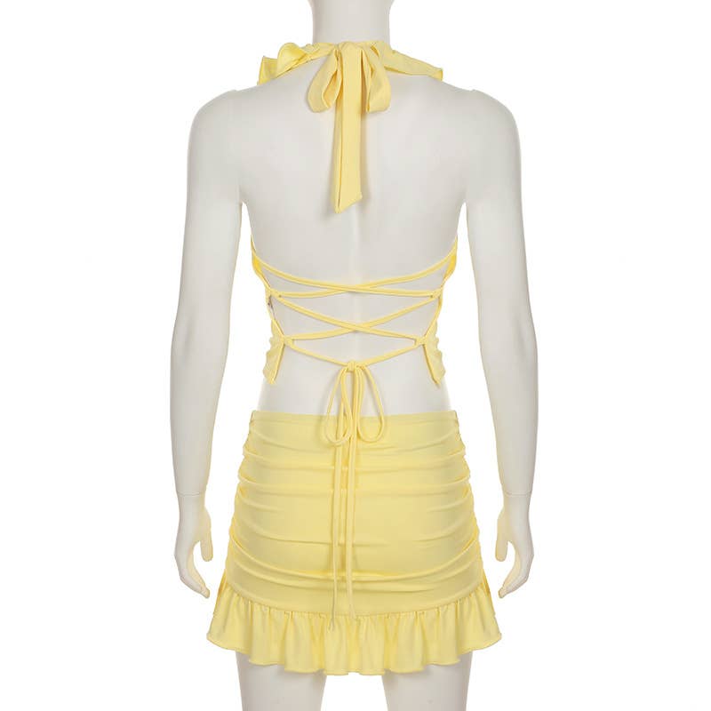 Ruffled halter top hip skirt two-piece set