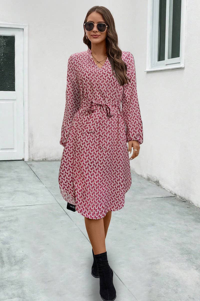 CWDSD7110_NEW ARRIVAL PRINTED LONG SLEEVE TIE DRESS