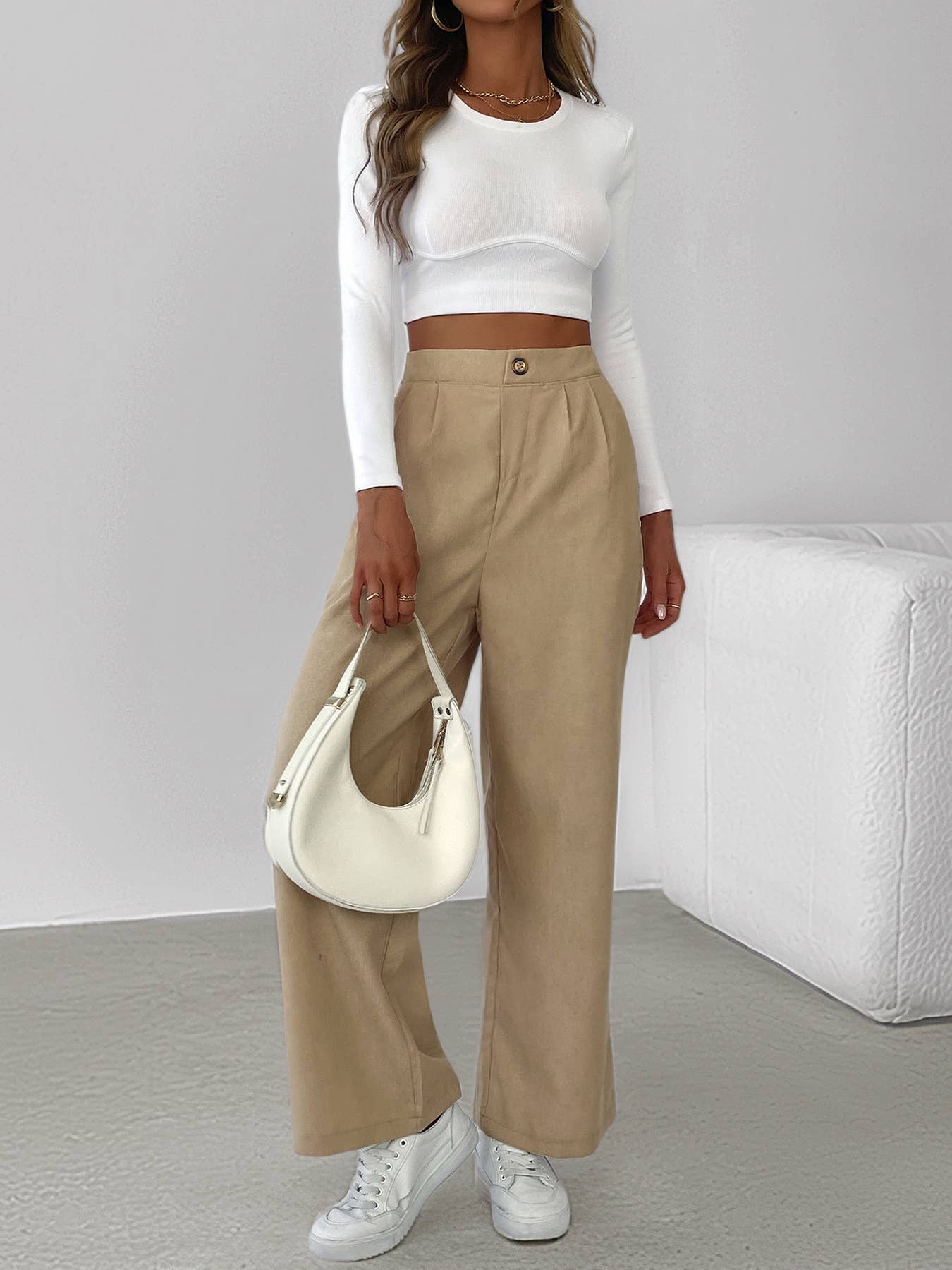 Simple corduroy high-waisted wide-leg pants