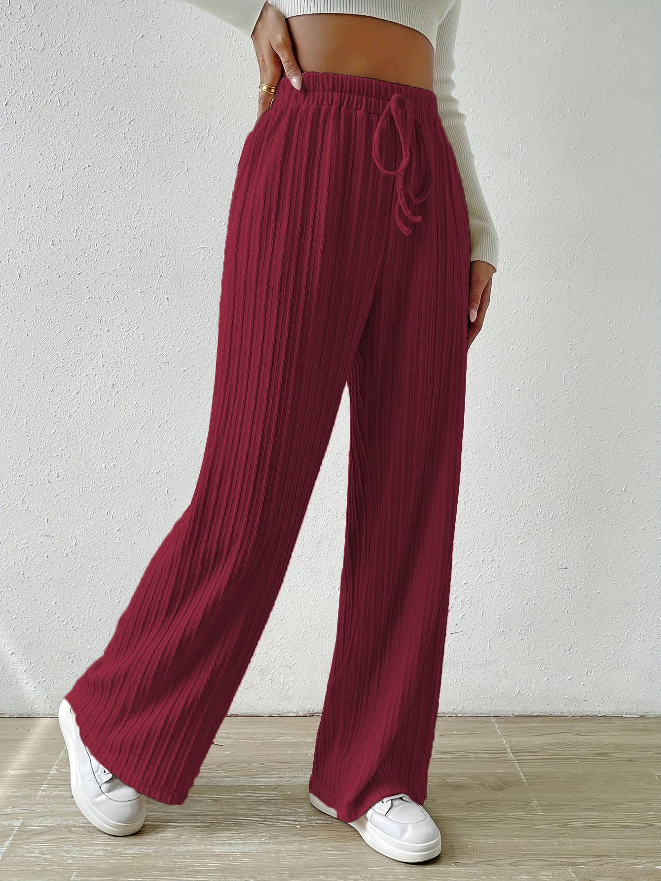 KNIT WIDE LEG STRAIGHT PANTS WITH WAIST TEXTURE