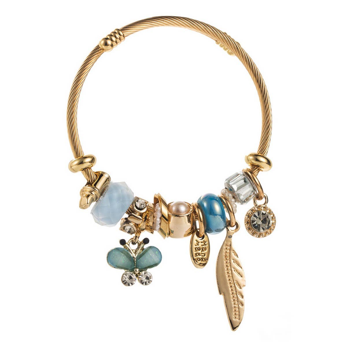 Beaded Steel Bracelet with Leaf & Butterfly_CWMM8618