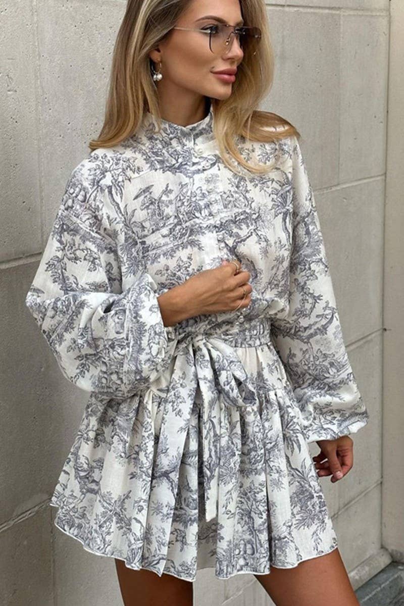 CWDSD7783_INK PRINT LONG SLEEVE STAND COLLAR DRESS