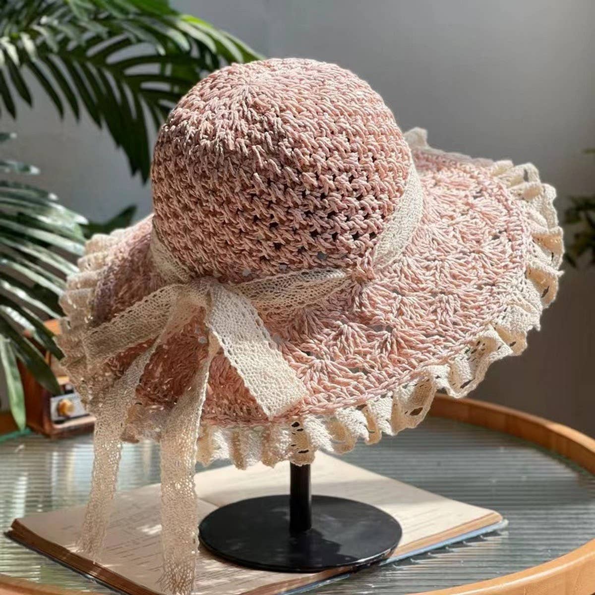 Lace Trim Cute Bow Sunshade Straw Hat_CWAH3444