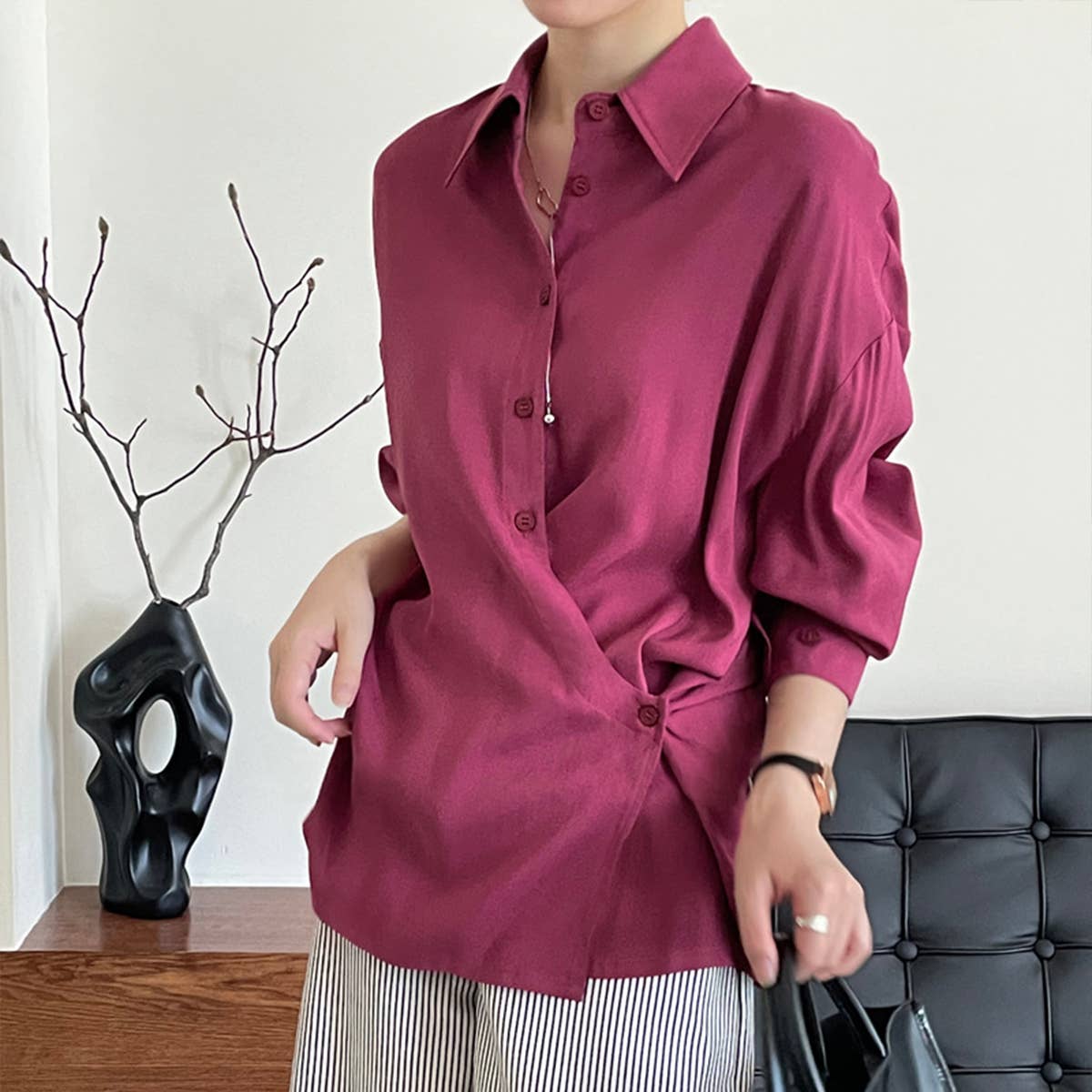 Stylish solid color shirt with side button
