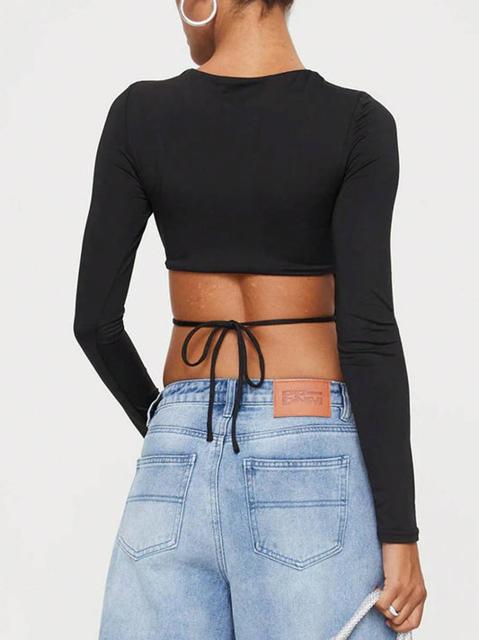 SOLID COLOR SEXY WAIST STRAP SLIM-FIT TOP
