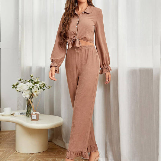 Ruffled long sleeves and trousers two-piece set