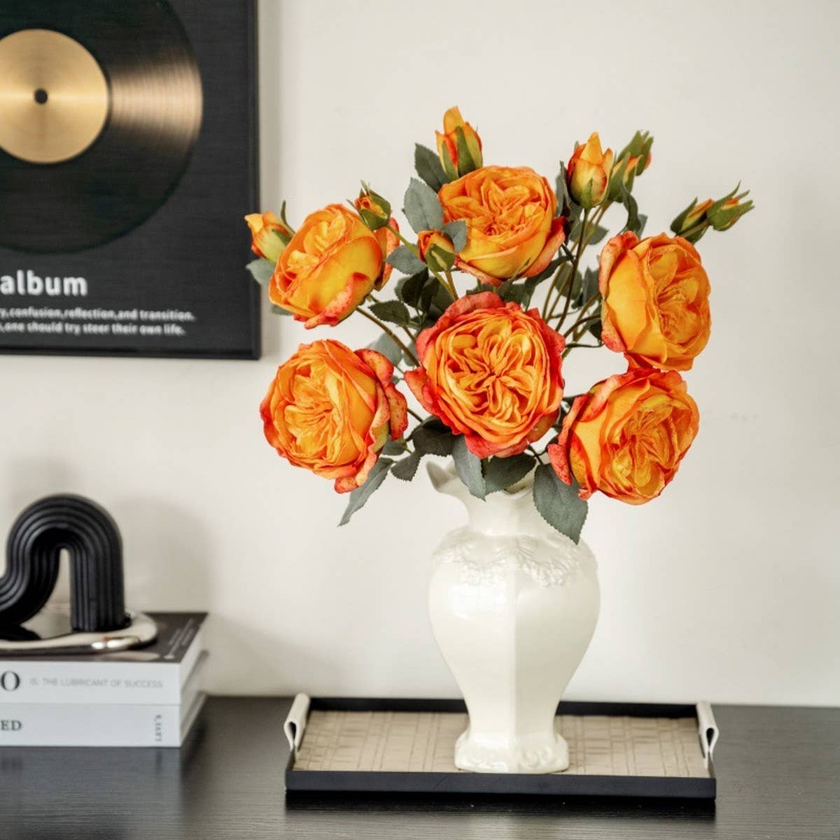 Multi-Head Burnt Edge Austin Rose Faux Bouquet