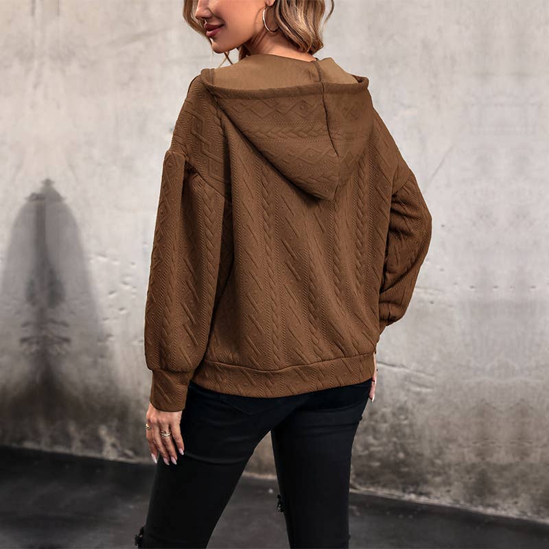 DRAWSTRING KNIT LOOSE SOLID COLOR V-NECK HOODIE