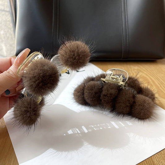 TEMPERAMENT REAL MINK FUR PLUSH BALL HAIRPIN