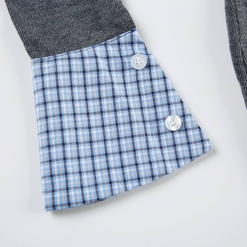 PREPPY PATCHWORK SHIRT NECK LONG-SLEEVED DRESS