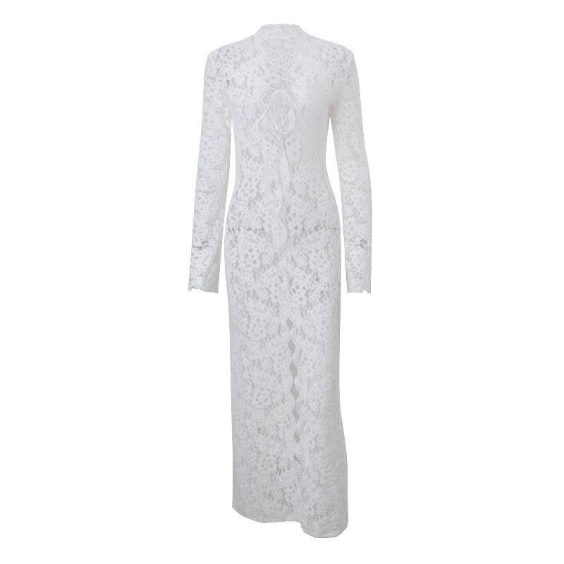 Lace-panel street style split long sleeve dress
