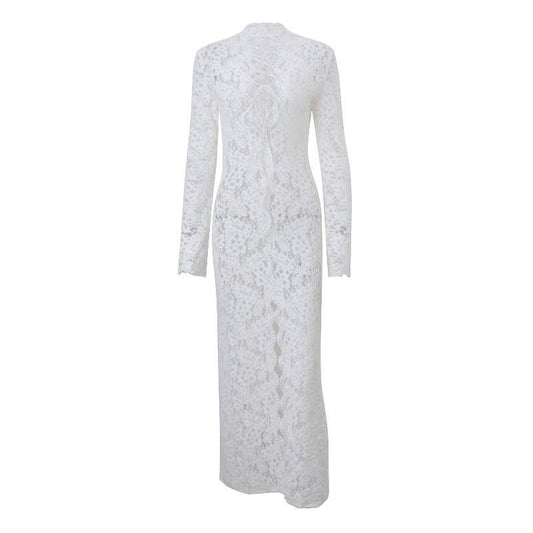 Lace-panel street style split long sleeve dress
