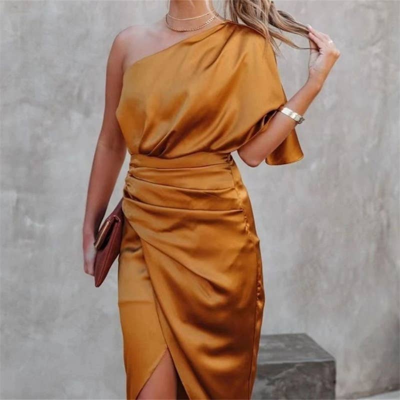 IRREGULAR MID-WAIST DRESS WITH SLOPING SHOULDERS