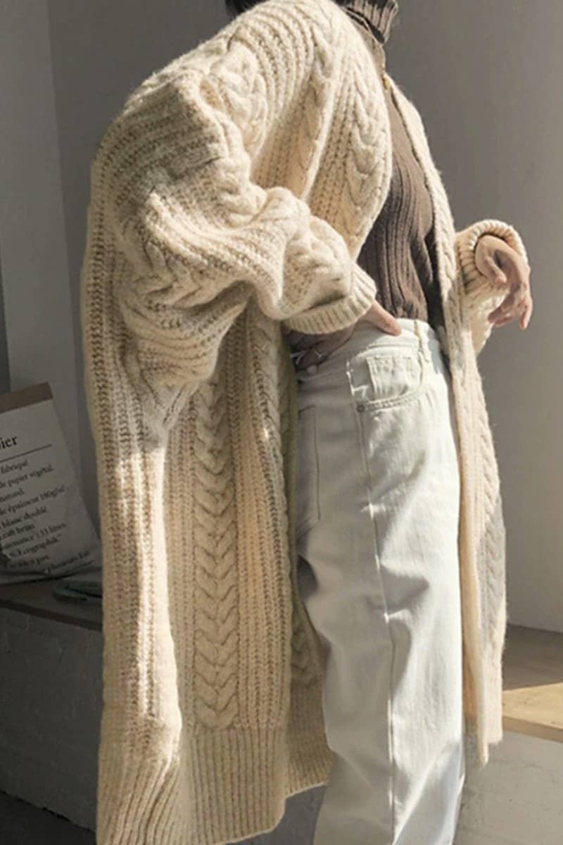 CWOCAL2364_CABLE KNIT LONGLINE LOOSE CARDIGAN SWEATER