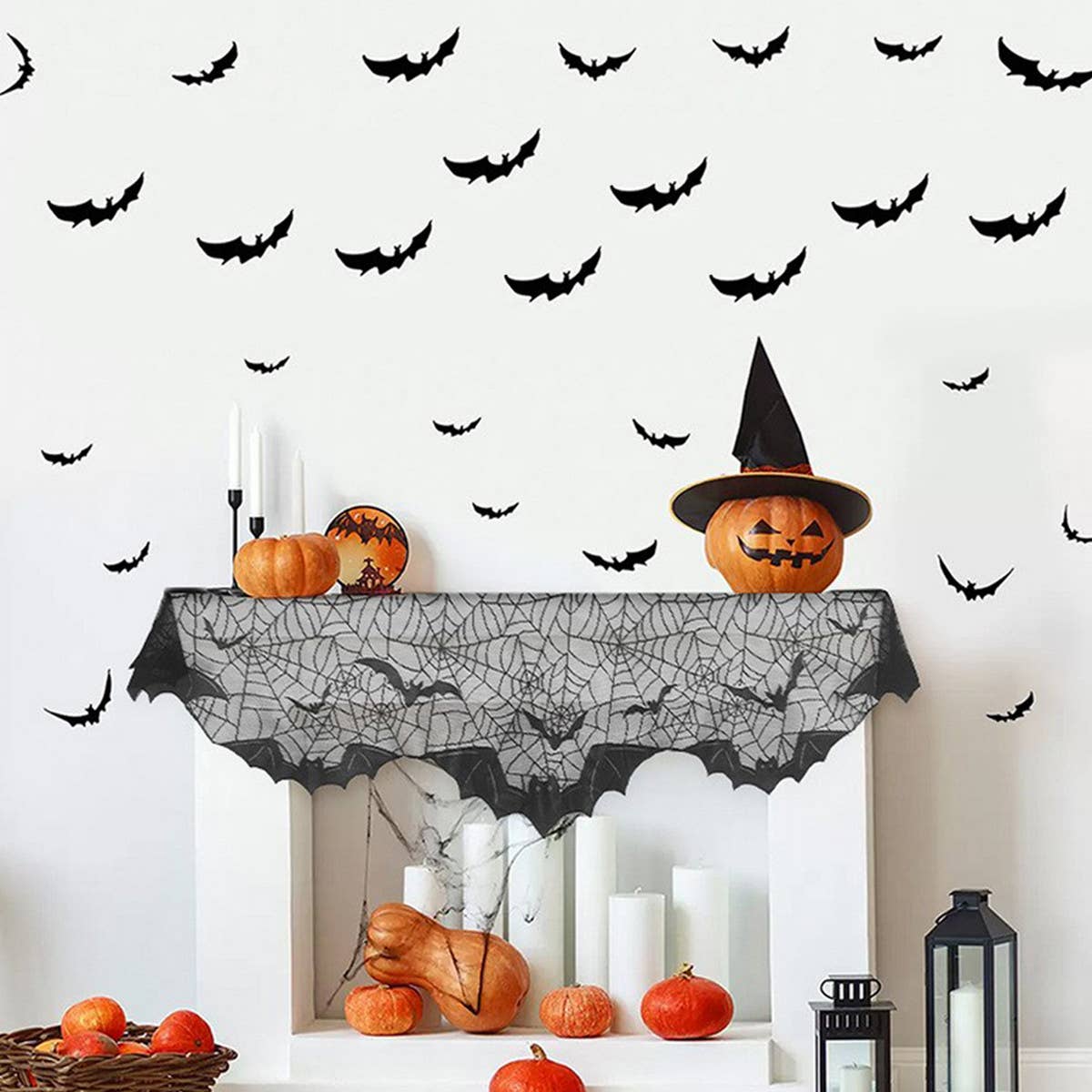HALLOWEEN MANTEL BAT LACE TABLE RUNNER