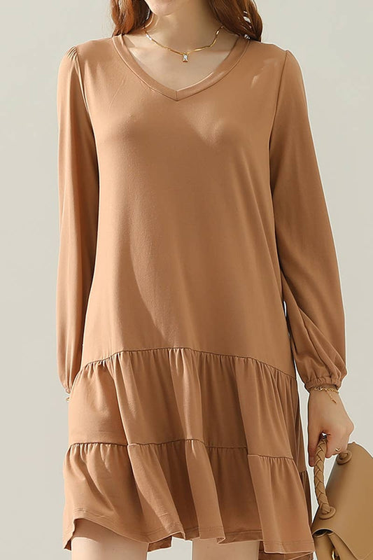 CWDSD10356_LONG SLEEVE SHIRRING LAYERED HEM MINI DRESS