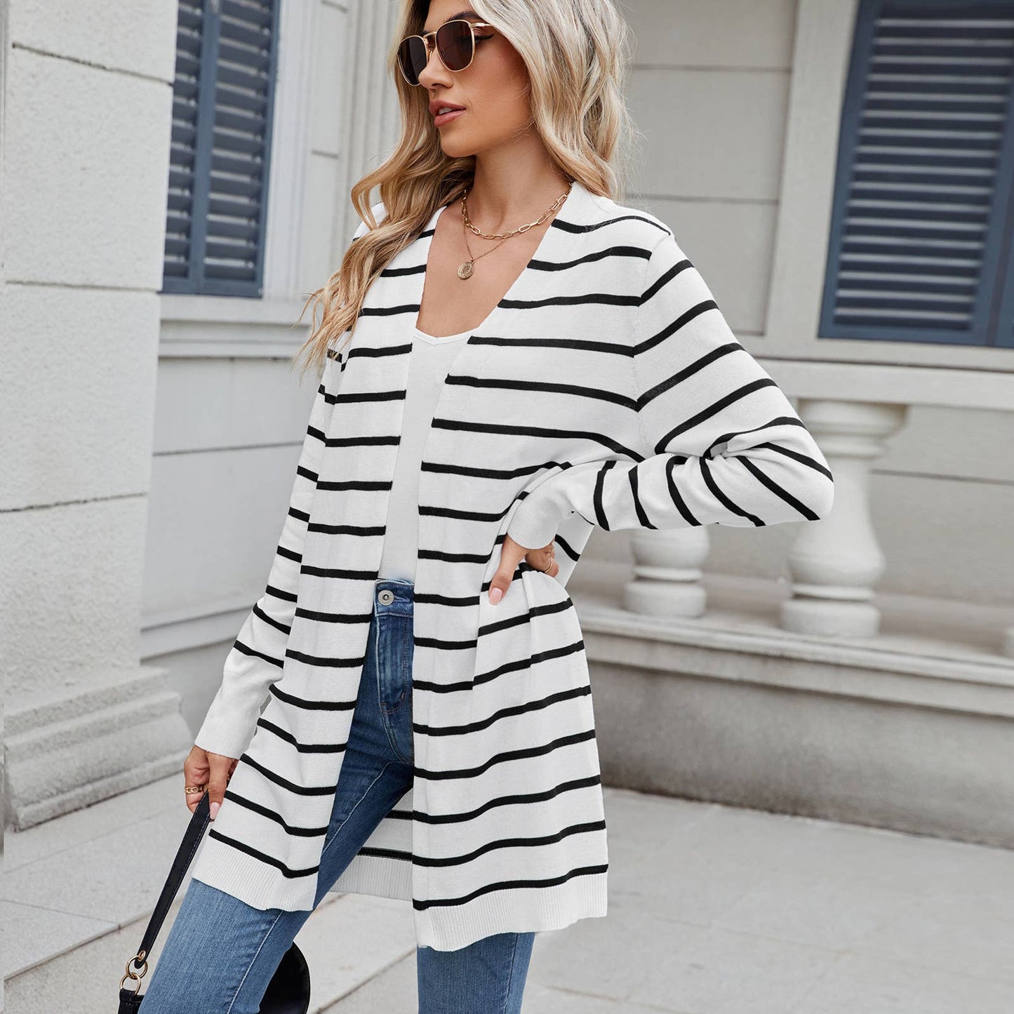 Long knitted striped cardigan without buttons