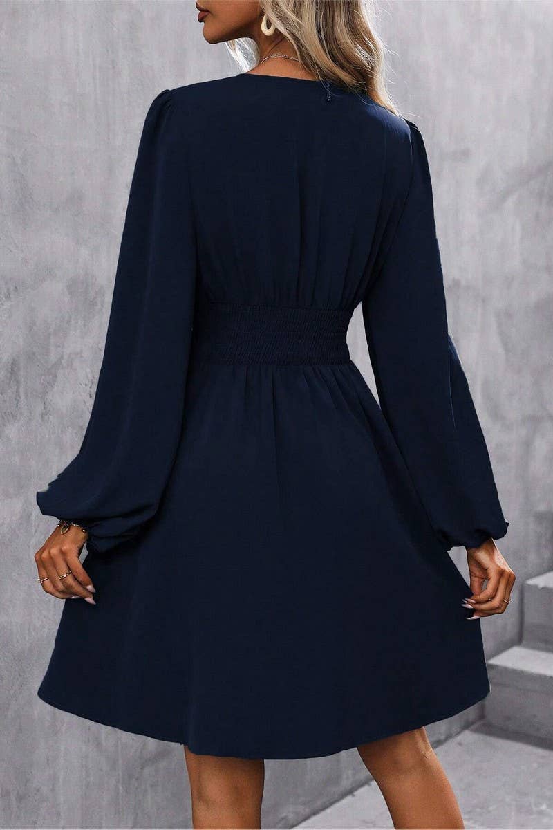 CWDSD8399_V NECK LANTERN SLEEVE RUCHED WAIST DRESS