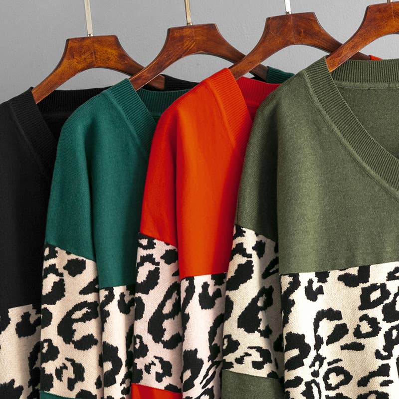 V-NECK LOOSE COLOR LEOPARD-PRINT SWEATER WOMAN