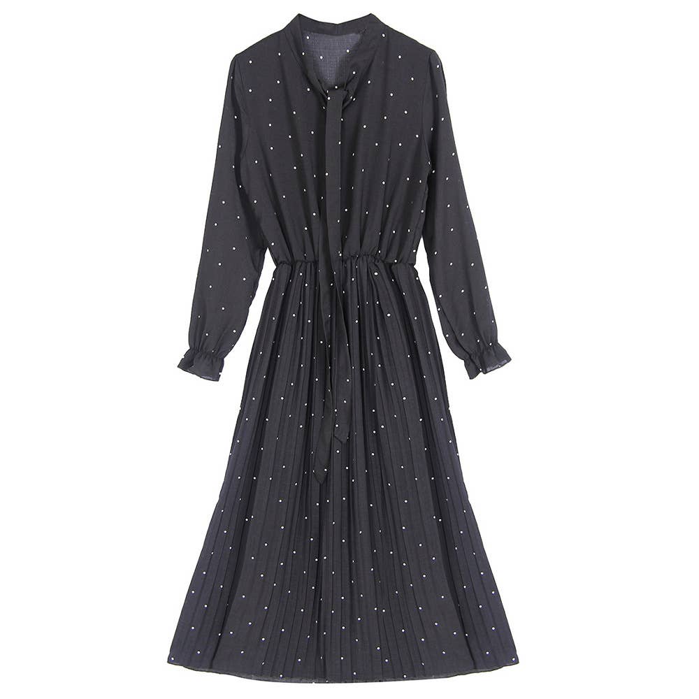 Pleated polka point casual waist collection dress