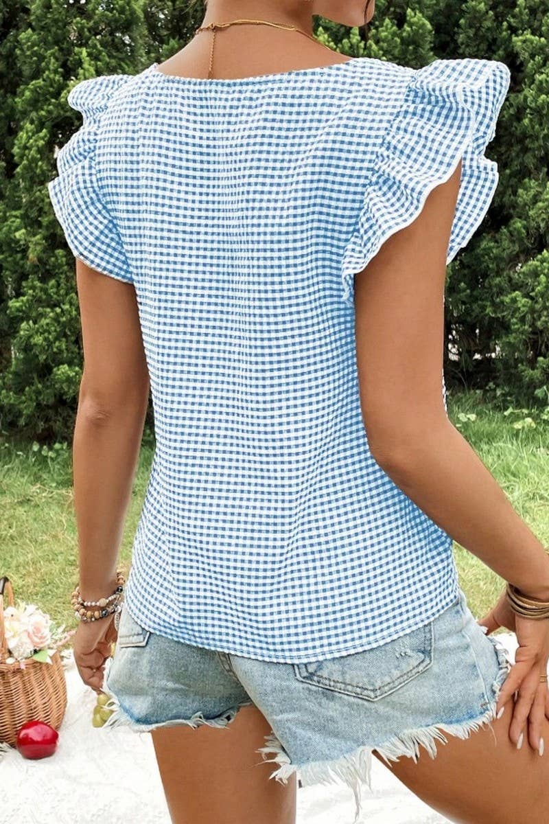 Cwtblsl0969_Plaid Ruffle Square Neck Blouse Top