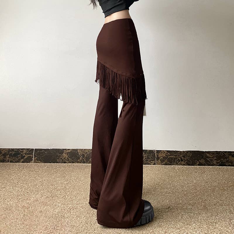 SOLID COLOR CASUAL BELL BOTTOMS WITH FRINGE DROP