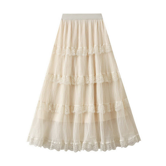 WAVE PLEATED MESH SPLICING LACE SKIRT CAKE SKIRT