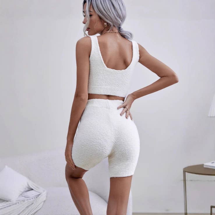 Plush V-neck sexy crop top and shorts set