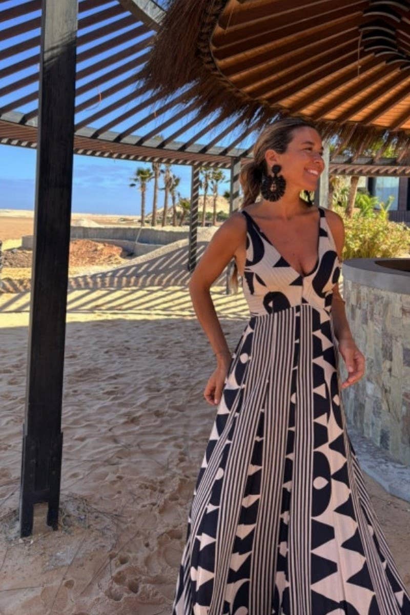 CWDHL1017_SUMMER V-NECK WAIST PRINTED SWING BEACH DRESS