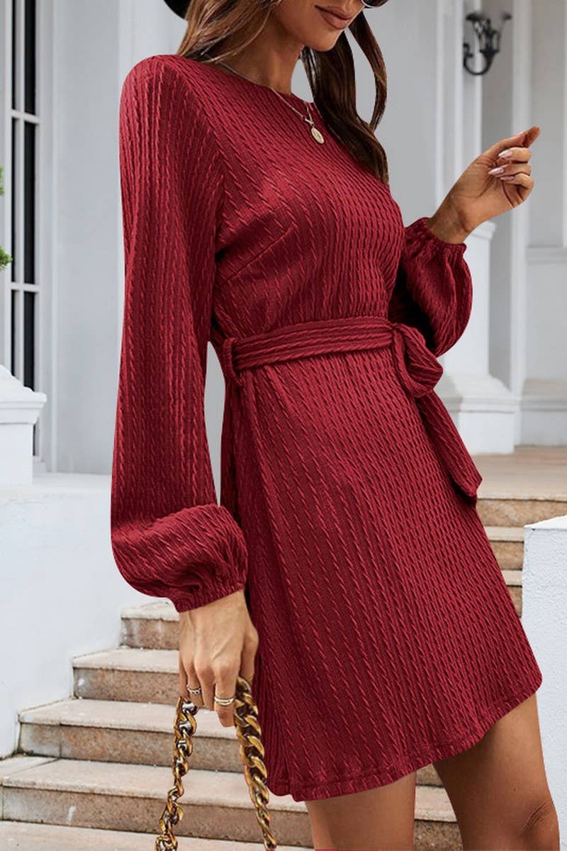 CWDSD7222_NEW STYLE CABLE KNITTED PUFF SLEEVE CASUAL DRESS