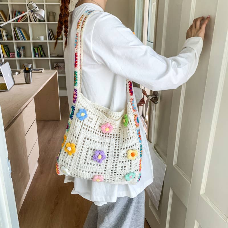 Ethnic-style artistic flower patchwork knit bag