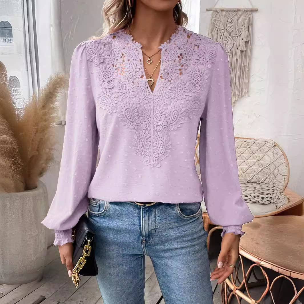 V-neck lace solid-color long-sleeved T-shirt