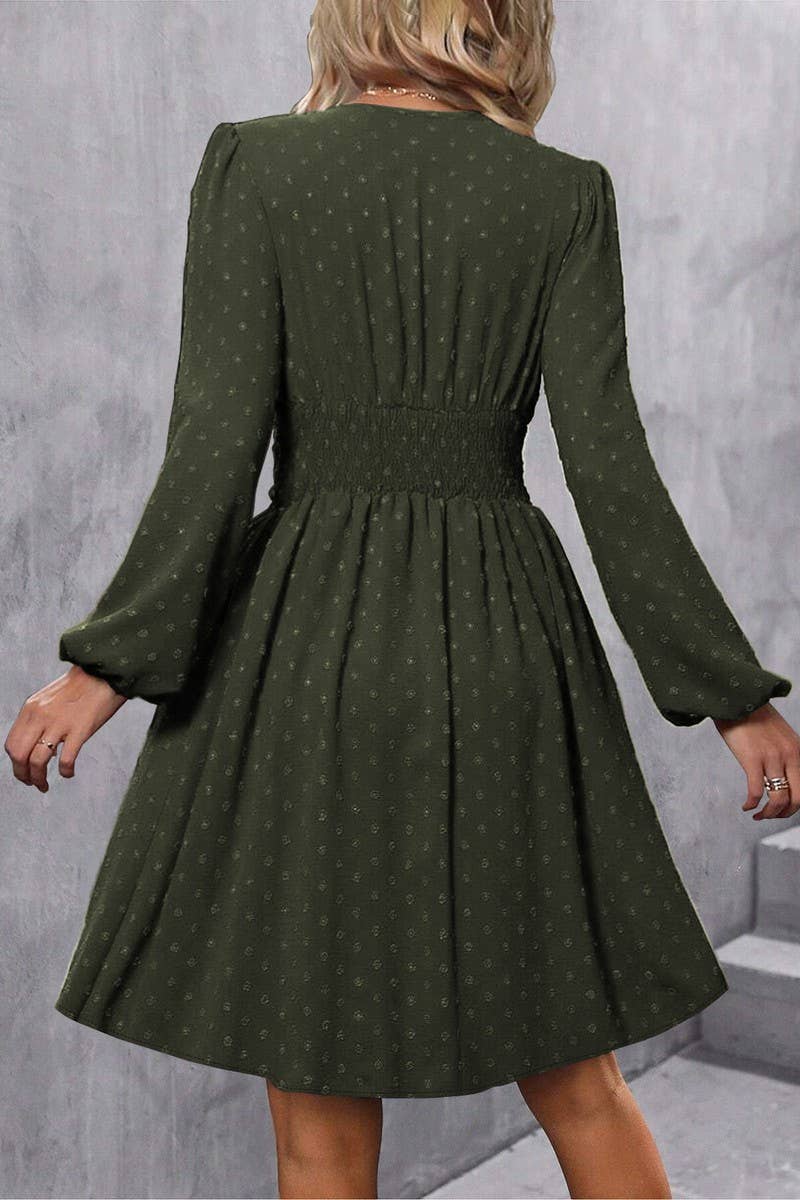 CWDSD6427_JACQUARD V-NECK LANTERN SLEEVE DRESS