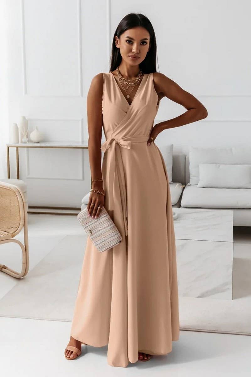 CWDMD4853_LACE-UP V-NECK LONG EVENING GOWN DRESS