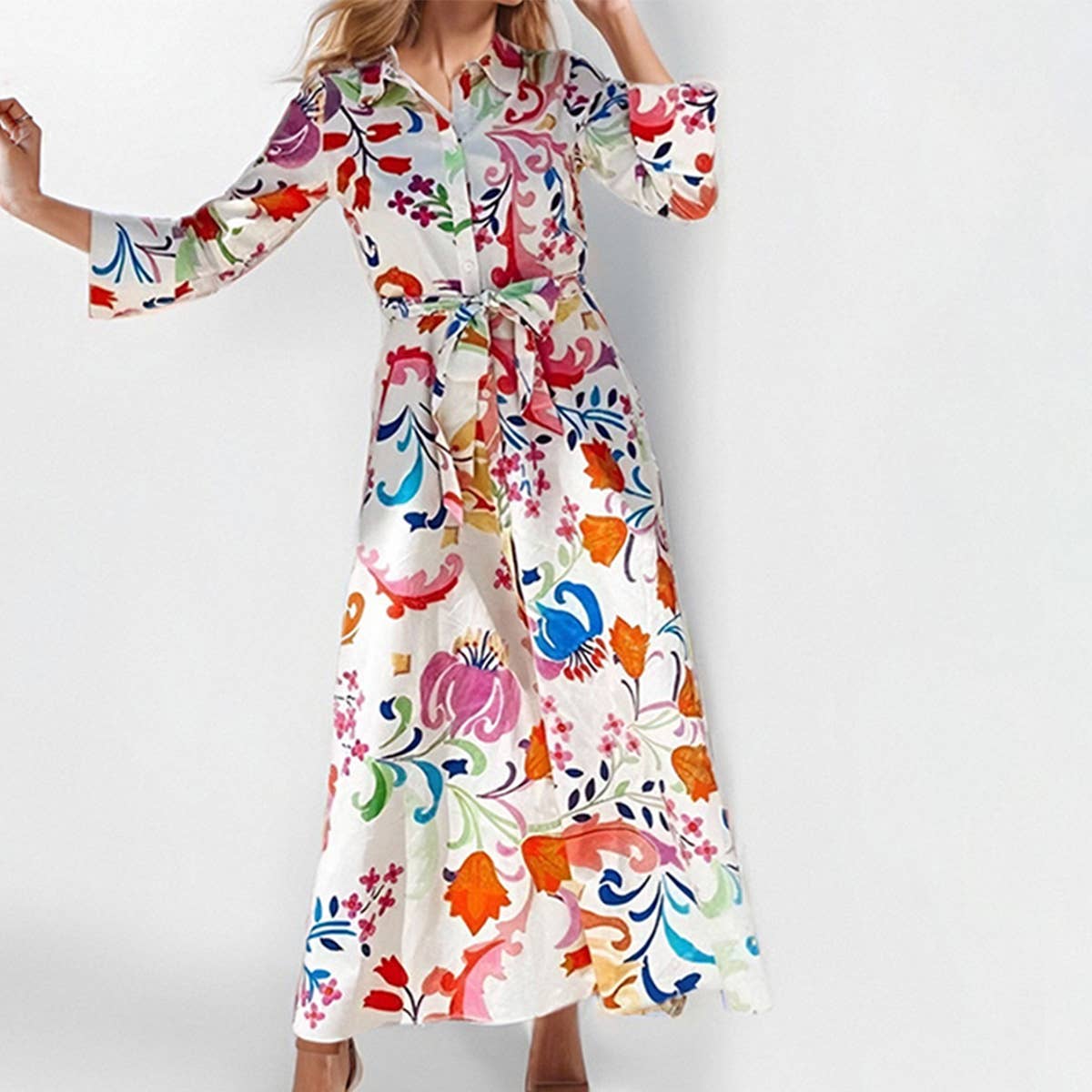 PRINT LACE-UP LAPEL LONG SLEEVE SLIT DRESS